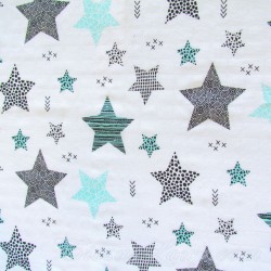 Fabric Double Gauze Cotton Turquoise and Gray Stars | Wolf Fabrics