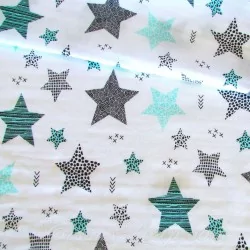 Fabric Double Gauze Cotton Turquoise and Gray Stars | Wolf Fabrics