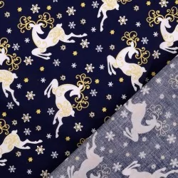 Fabric Cotton Golden-horned Christmas Reindeer Navy Blue Background | Wolf Fabrics