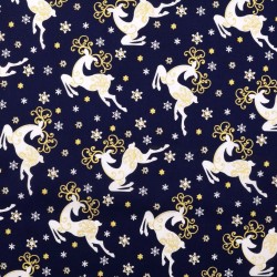 Fabric Cotton Golden-horned Christmas Reindeer Navy Blue Background | Wolf Fabrics