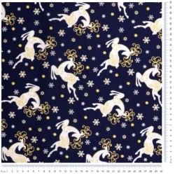 Fabric Cotton Golden-horned Christmas Reindeer Navy Blue Background | Wolf Fabrics