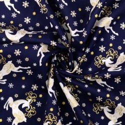 Fabric Cotton Golden-horned Christmas Reindeer Navy Blue Background | Wolf Fabrics