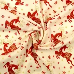 Fabric Cotton Golden-horned Christmas Reindeer Ecru Background | Wolf Fabrics