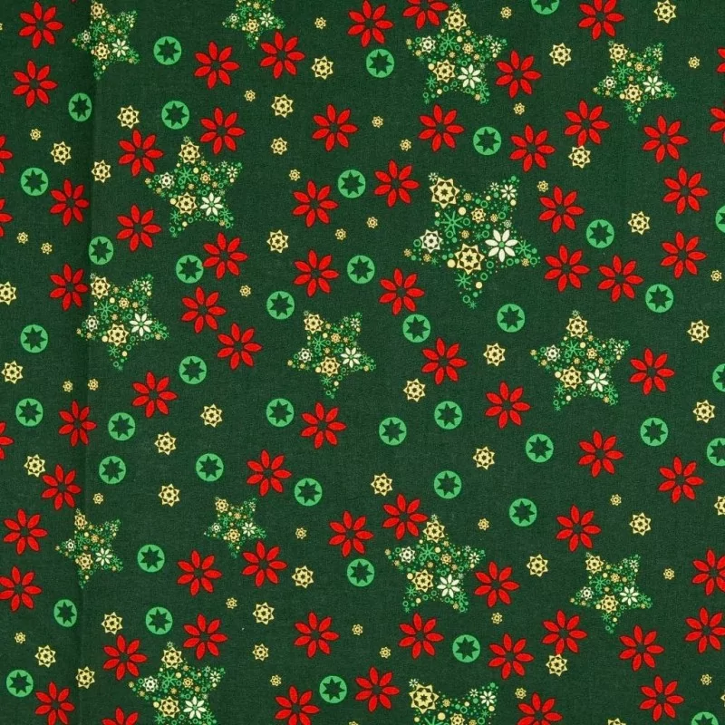 Christmas Fabric Fantasy of Golden Stars Green Background | Wolf Fabrics