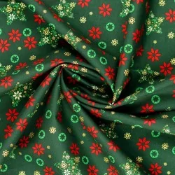 Christmas Fabric Fantasy of Golden Stars Green Background | Wolf Fabrics