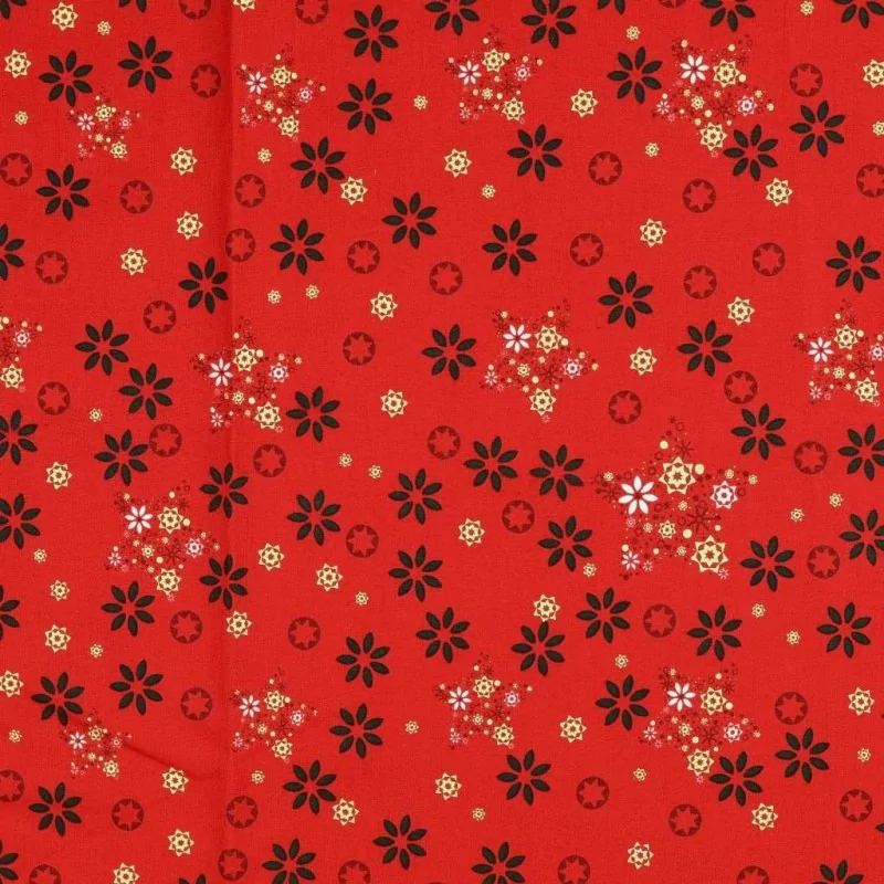 Christmas Fabric Fantasy of Golden Stars Red Background | Wolf Fabrics