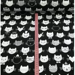 Fabric Cotton Cats Heads Black background | Wolf Fabrics