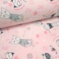 Fabric Cotton Cat fun day pink background | Wolf Fabrics