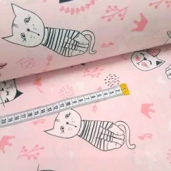 Fabric Cotton Cat fun day pink background | Wolf Fabrics