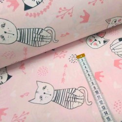 Fabric Cotton Cat fun day pink background | Wolf Fabrics