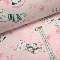 Fabric Cotton Cat fun day pink background | Wolf Fabrics