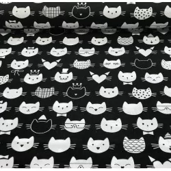 Fabric Cotton Cats Heads Black background | Wolf Fabrics