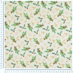 Christmas Fabric Golden Holly Branches and Snowflakes Ecru Background | Wolf Fabrics