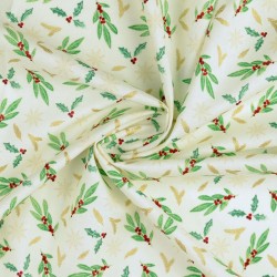 Christmas Fabric Golden Holly Branches and Snowflakes Ecru Background | Wolf Fabrics