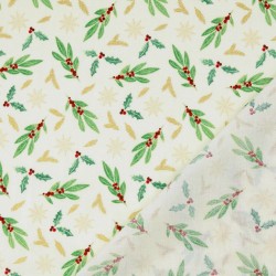 Christmas Fabric Golden Holly Branches and Snowflakes Ecru Background | Wolf Fabrics