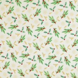 Christmas Fabric Golden Holly Branches and Snowflakes Ecru Background | Wolf Fabrics