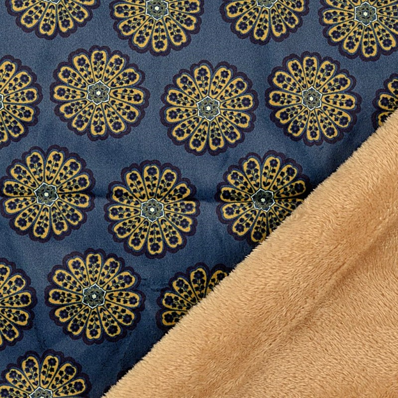 Suede fabric blue mandala flowers double-sided camel fur | Wolf Fabrics