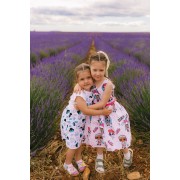 Dungaree dress and LOL dress in a lavender field.