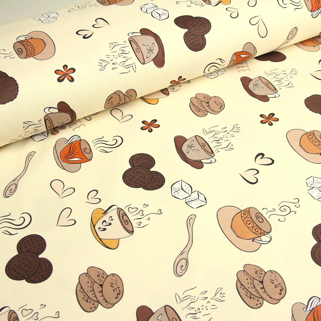 Semi Panama Deco Fabric Coffee and Biscuits Cream Background — 1